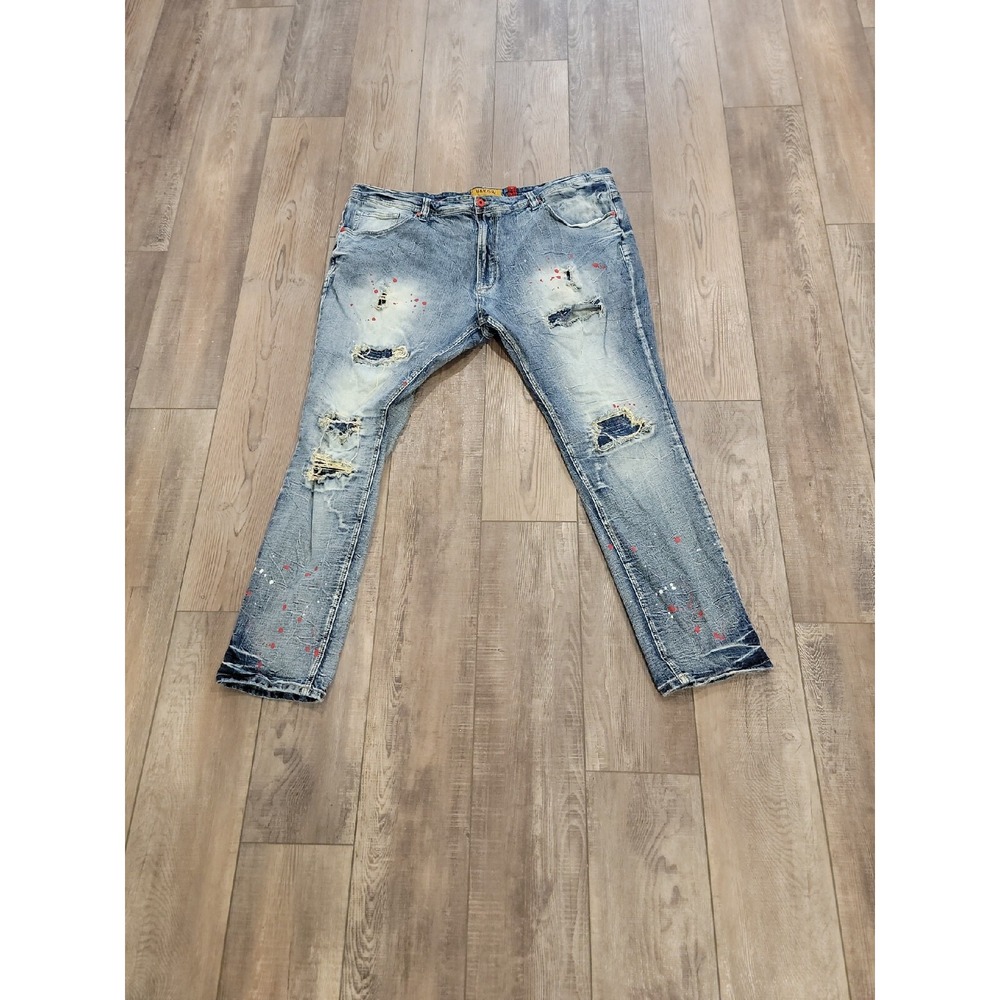 Makobi Mens Jeans Biker Moto Distressed Size 48 x 34  Style M1725 RED BUTTONS